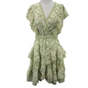 Max Studio London Size S Smocked Ruffle Hem Dres Cottagecore Green Floral V-Neck